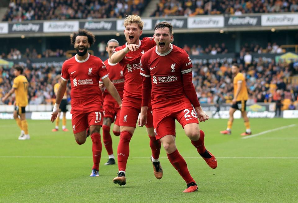 Andy Robertson celebrates after scoring Liverpool’s second goal (PA)