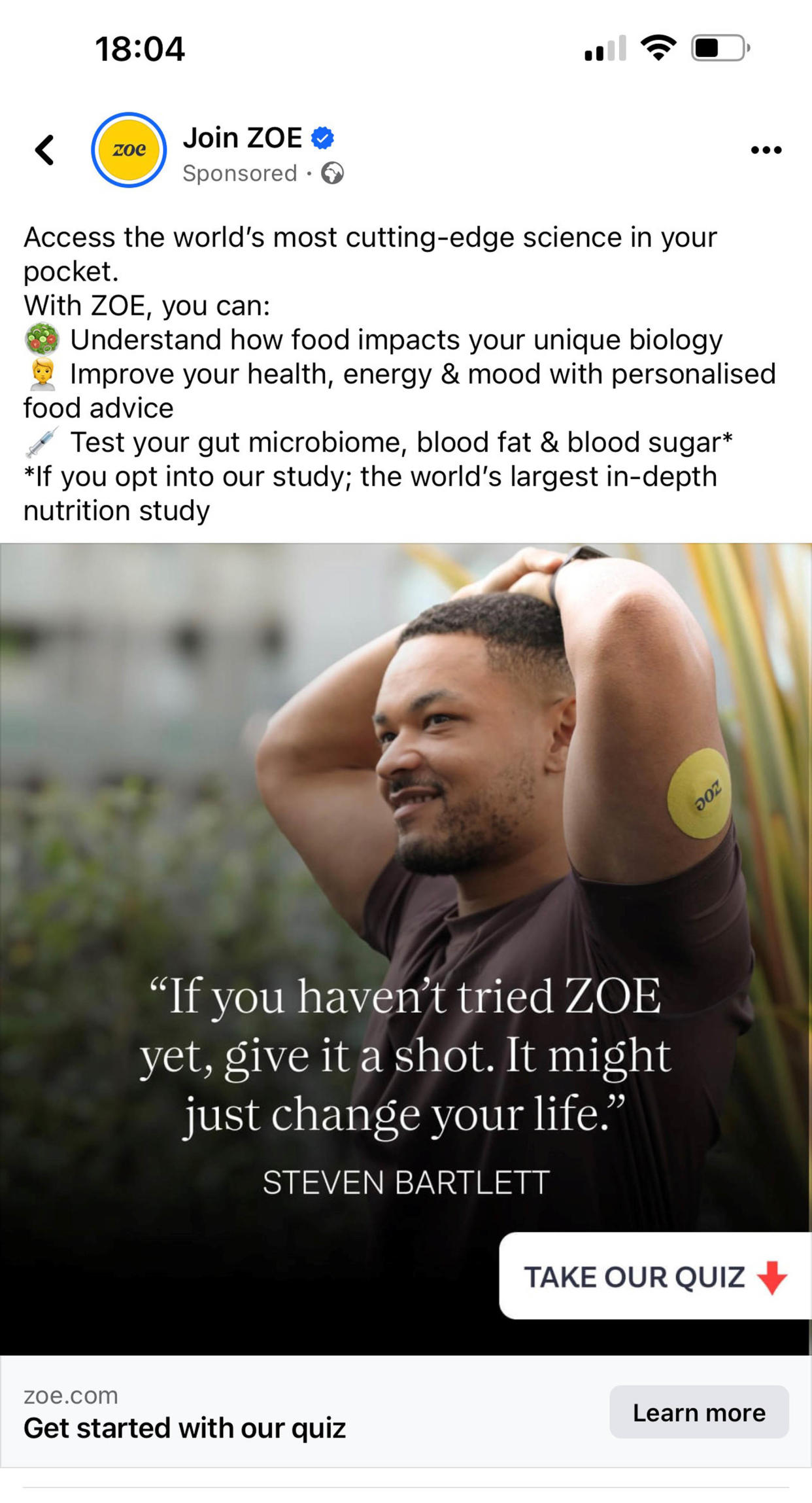 An advert for nutrition brand Zoe featuring Dragons’ Den star Steven Bartlett (Advertising Standards Authority/PA)