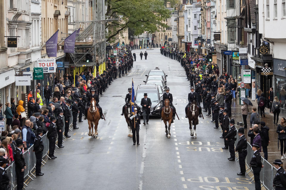 File photo dated 14/10/19 of members of the public lining the High Street in Oxford to pay their respects as the funeral cortege for PC Andrew Harper, who died from multiple injuries after being dragged under a van while responding to reports of a burglary, makes its way to Christ Church Cathedral in St Aldate's, Oxford. Driver Henry Long, 19, has been found not guilty at the Old Bailey of murder, but had ealier pleaded guilty to manslaughter. His passengers Jessie Cole and Albert Bowers, both 18, were cleared of murder but found guilty of manslaughter for the death of Pc Andrew Harper, who had been attempting to apprehend quad bike thieves when he was killed on the night of August 15, 2019.