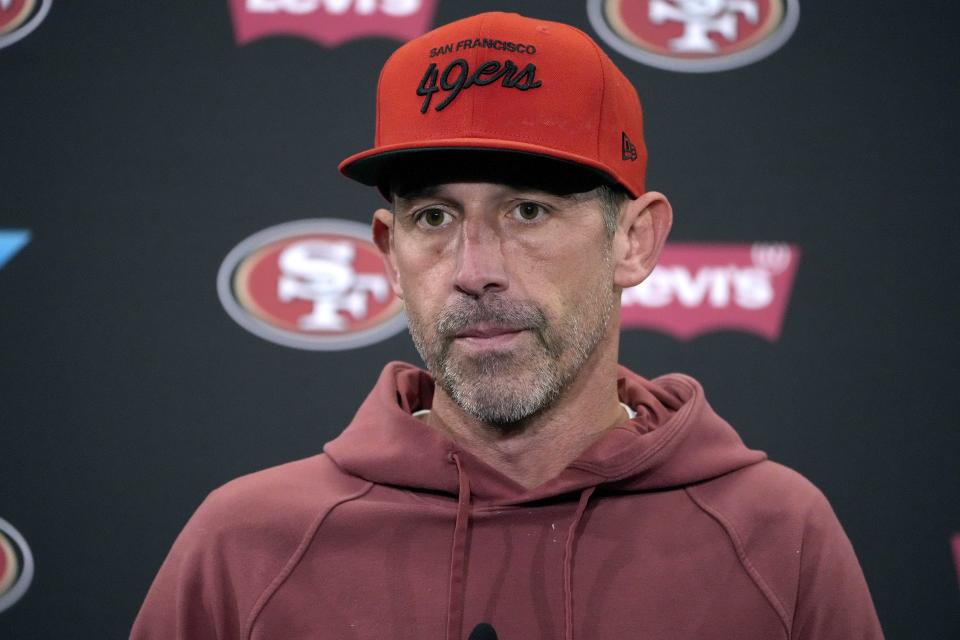 San Francisco 49ers head coach Kyle Shanahan speaks to reporters before a practice at the team's NFL football training facility in Santa Clara, Calif., Thursday, Feb. 1, 2024. The 49ers will face the Kansas City Chiefs in Super Bowl 58. (AP Photo/Tony Avelar)