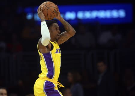 November 21, 2017; Los Angeles, CA, USA; Los Angeles Lakers guard Kentavious Caldwell-Pope (1) controls the ball against the Chicago Bulls during the first half at Staples Center. Mandatory Credit: Gary A. Vasquez-USA TODAY Sports