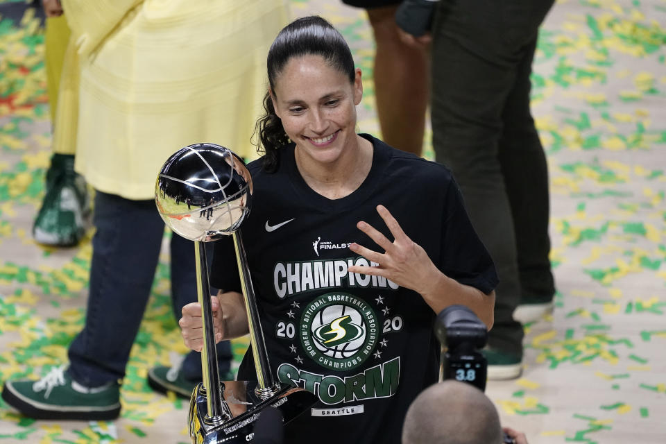 Seattle Storm guard Sue Bird poses for a photo after the team won basketball's WNBA Championship Tuesday, Oct. 6, 2020, in Bradenton, Fla. (AP Photo/Chris O'Meara)