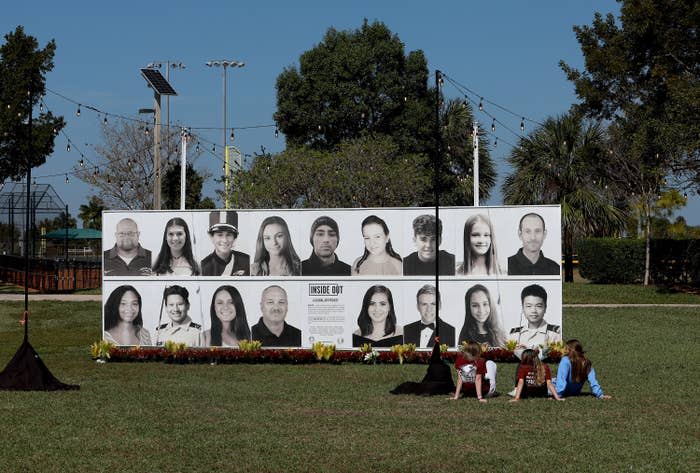 A photo display of the 17 people killed at the 2018 Marjory Stoneman Douglas High School is seen in Parkland, Florida, in February of this year.