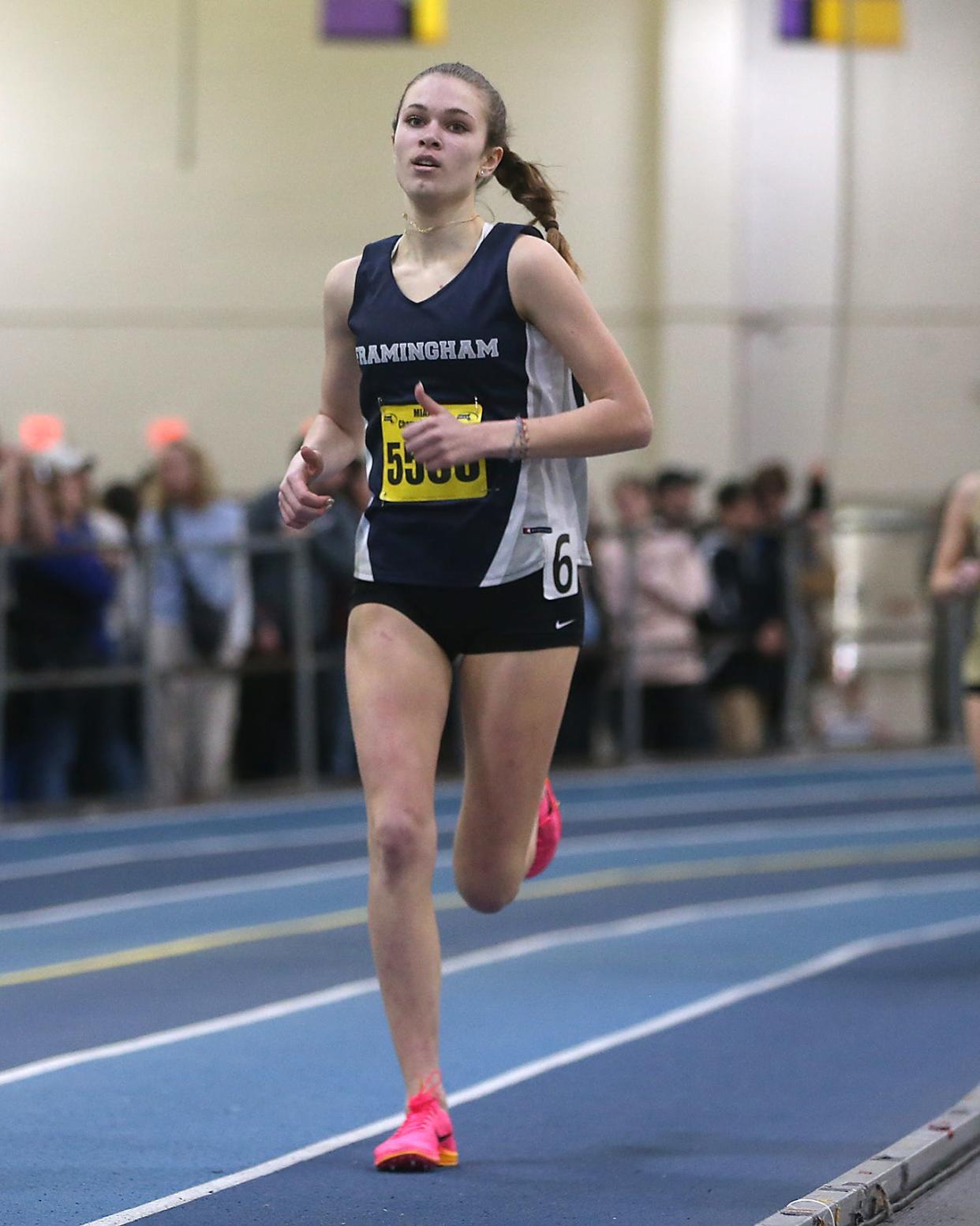 Framingham’s Sasha Lamakina competes in the 600 meter dash at the MIAA Meet of Champions at the Reggie Lewis Track Center in Boston on Saturday, Feb. 25, 2023.