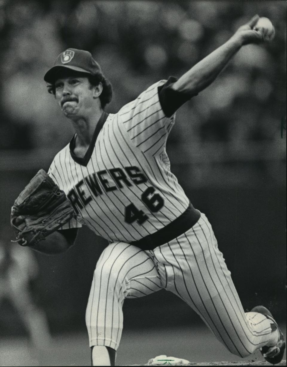 Jerry Augustine pitches for his home-state Milwaukee Brewers in 1983.