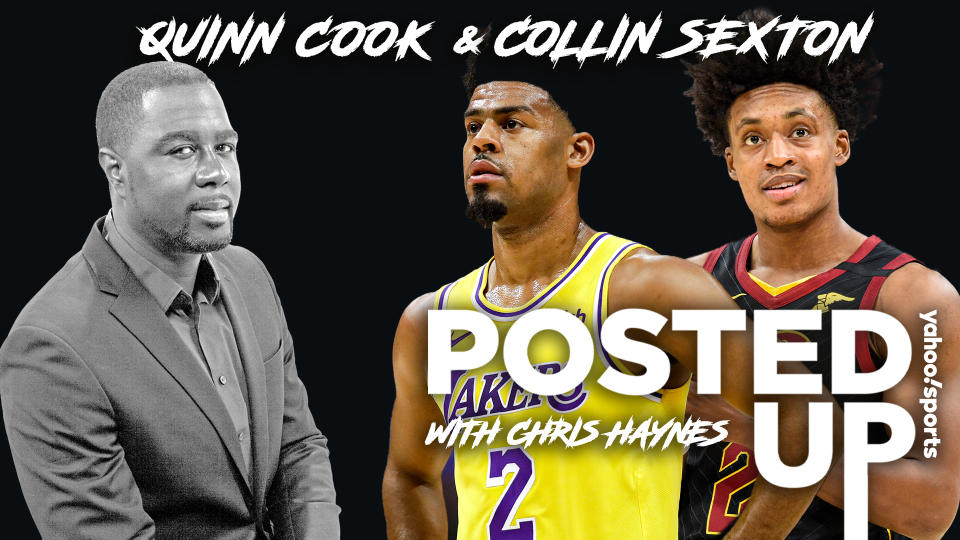 Chris Haynes is joined on Posted Up by Lakers guard Quinn Cook and Cavaliers guard Collin Sexton (Credits: AP, Getty/Michael Wagstaffe/Yahoo Sports)