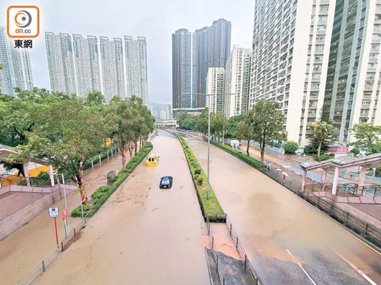 大圍：馬路被大量洪水淹浸。（陳德賢攝）