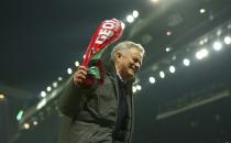 <p>Manchester United’s manager Jose Mourinho celebrates after the end of the Europa League semifinal second leg soccer match between Manchester United and Celta Vigo at Old Trafford </p>