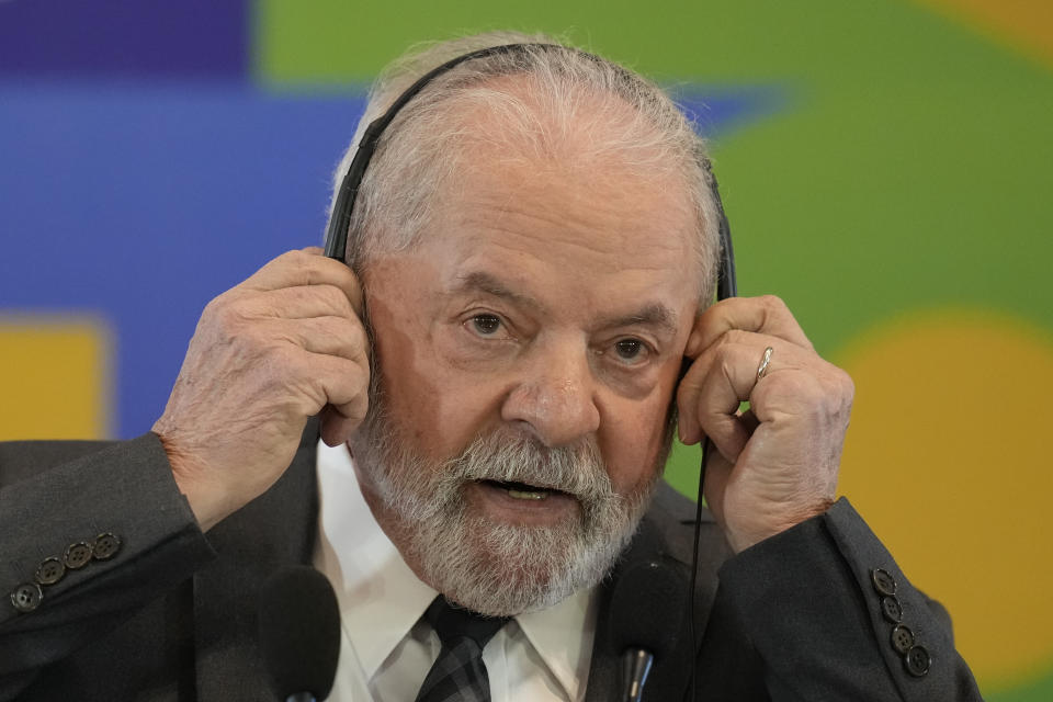 Brazil's former President Luiz Inacio Lula da Silva, who is running for reelection, listens to a question during a press conference with the foreign media in Sao Paulo, Brazil, Monday, Aug. 22, 2022. Brazil's general elections are scheduled for Oct. 2. (AP Photo/Andre Penner)