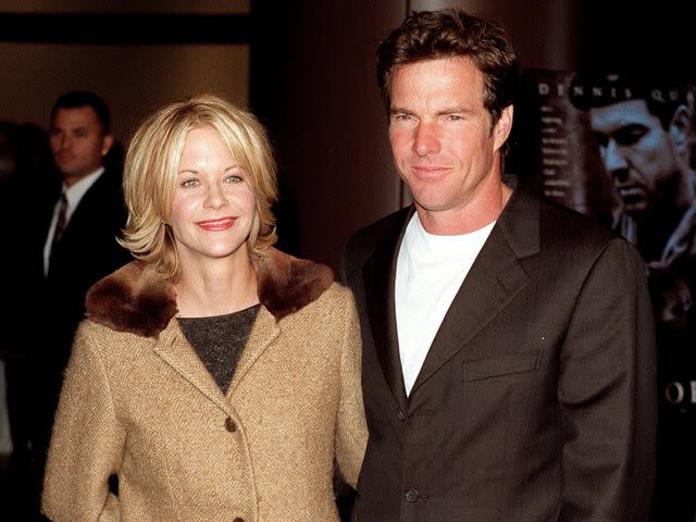 <p>Dan Callister/Online USA/Getty</p> Meg Ryan and Dennis Quaid attend the premiere of "Savior" on October 27, 1998.