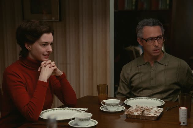 Esther (Hathaway) and Irving (Jeremy Strong) in a dinner scene from 