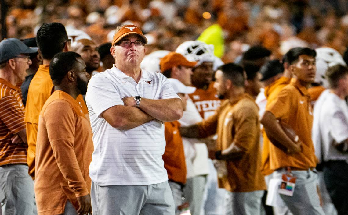 Gary Patterson, special assistant to Texas coach Steve Sarkisian, watches from the sidelines during an NCAA college football game against Louisiana-Monroe, Saturday, Sept. 3, 2022, in Austin, Texas. Texas won 52-10. (AP Photo/Michael Thomas)