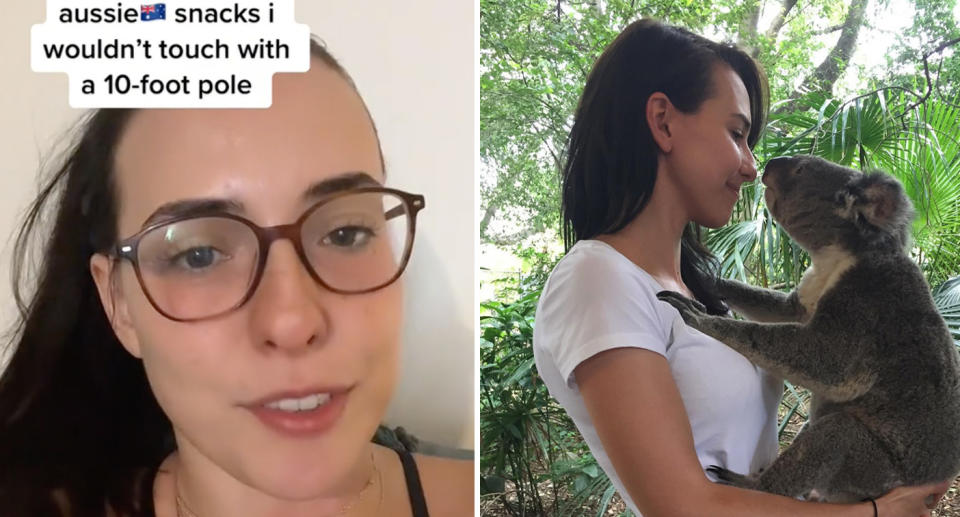 Left, Ioana can be seen in the video talking about the Aussie snacks while wearing glasses with her hair pulled up. Left, she can be seen smiling at a koala in her arms. 