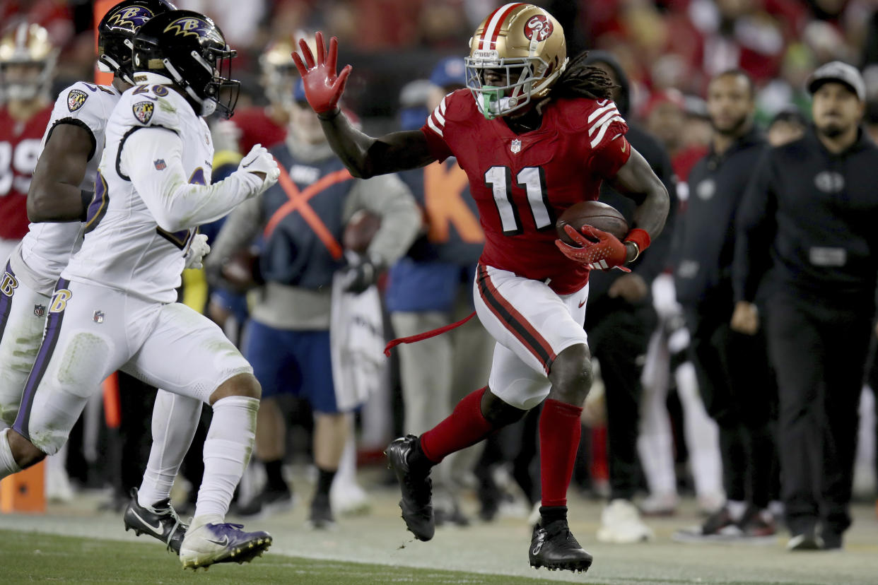 The 49ers are still ahead of the Ravens in Super Bowl betting odds, despite what happened Monday night. (AP Photo/Scot Tucker)