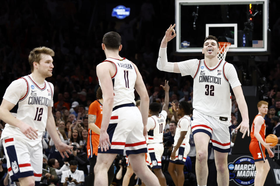 Led by center Donovan Clingan (32), UConn has steamrolled its way through the NCAA tournament so far. Can anyone challenge the Huskies in the Final Four? (Winslow Townson-USA TODAY Sports)