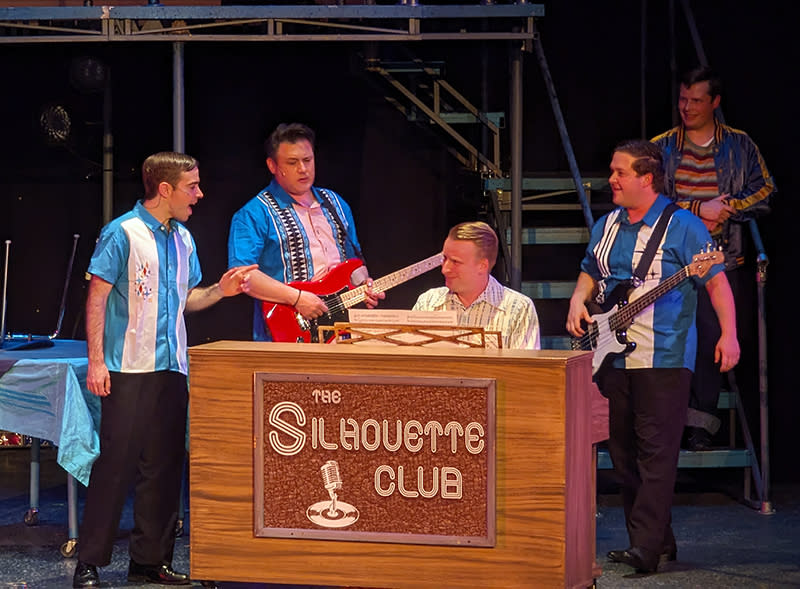 “Jersey Boys” features Bear Manescalchi (left) as Frankie Valli, seen with Michael Ingersoll, Bobby Becher, Kelly Brown, and Derrick Bertram.