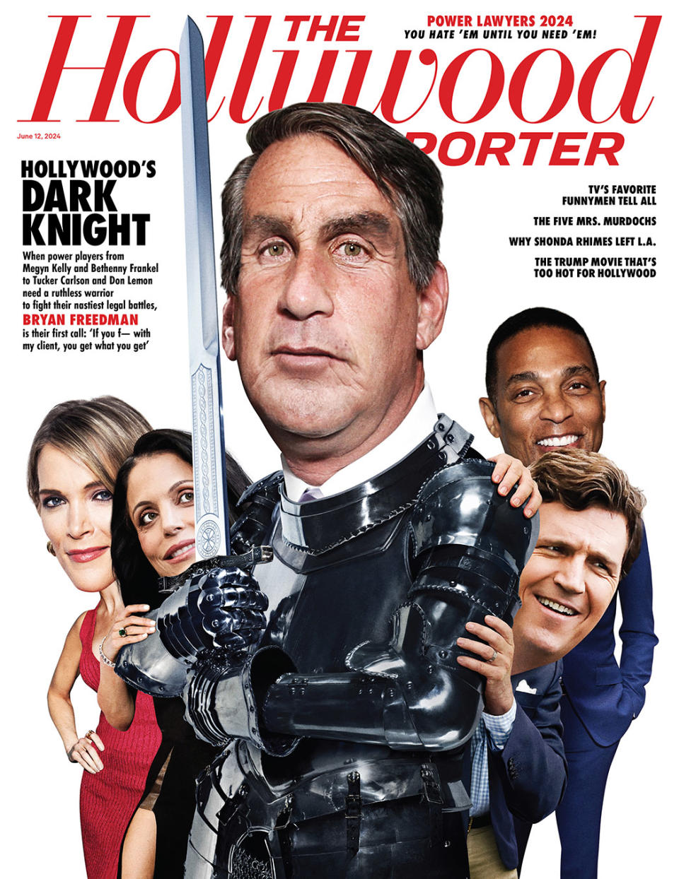 Bryan Freedman with his clients Megyn Kelly, Bethenny Frankel, Tucker Carlson and Don Lemon on the cover of the June 12, 2024 issue of The Hollywood Reporter