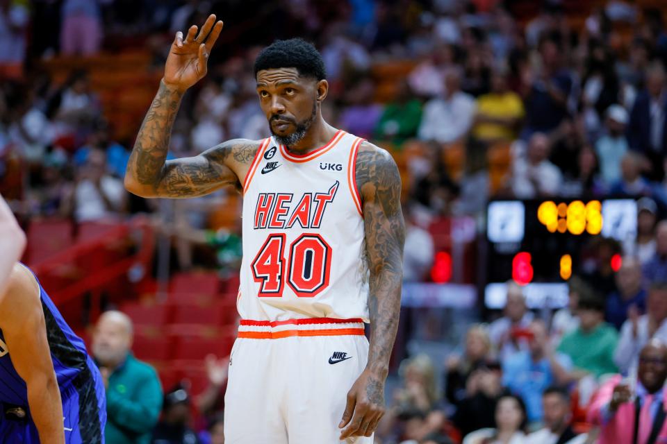 Miami Heat forward Udonis Haslem reacts after entering the game during the first quarter against the Orlando Magic at Kaseya Center.