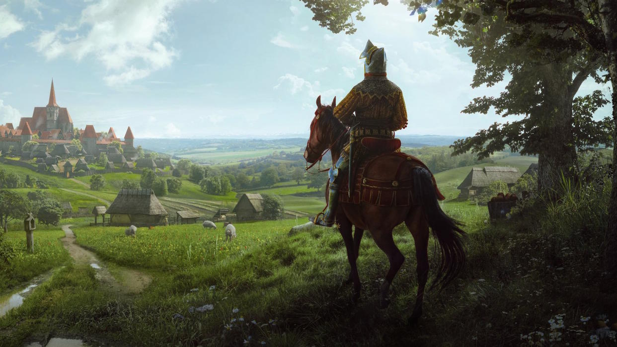  Manor Lords promo art - knight on horseback looking at a medieval village in the distance, viewed from behind. 
