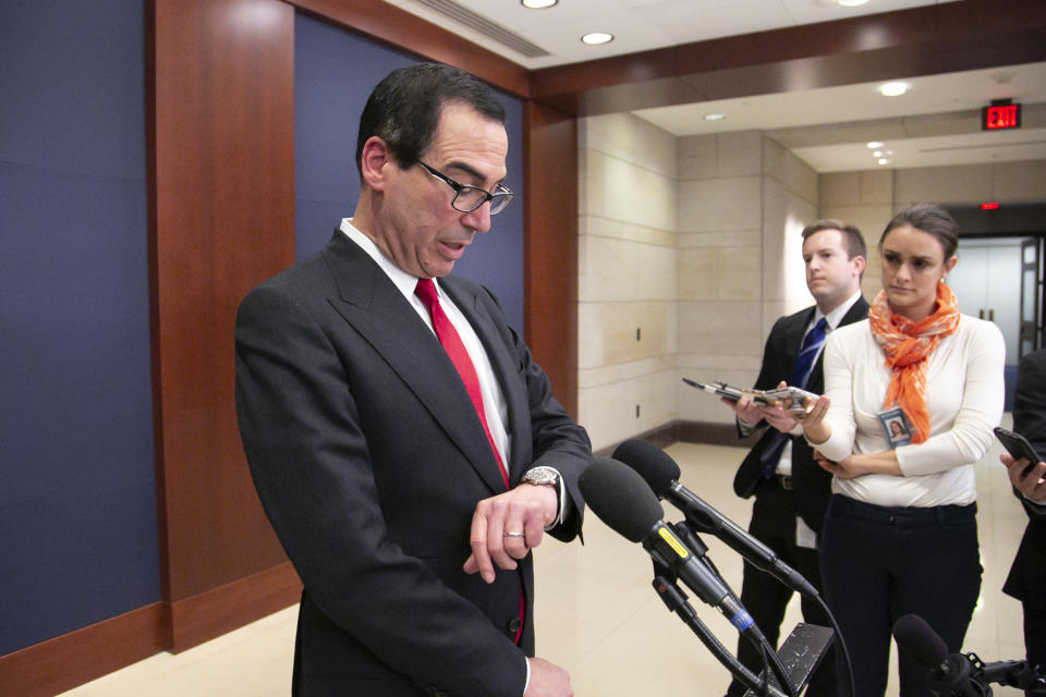 Treasury Secretary Steven Mnuchin speaks to reporters after giving a classified briefing to members of the House of Representatives, telling them that the Trump administration will keep strict U.S. sanctions on the Russian oligarch Oleg Deripaska, on Capitol Hill in Washington, Thursday, Jan. 10, 2019. (AP Photo/J. Scott Applewhite)