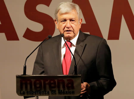 Andres Manuel Lopez Obrador delivers a speech after being sworn-in as presidential candidate of the National Regeneration Movement (MORENA) during the party's convention at a hotel in Mexico City, Mexico February 18, 2018. REUTERS/Henry Romero