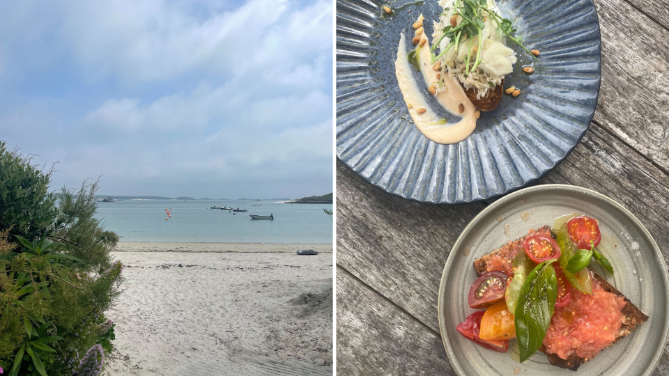 An image of the Ruin Beach and a picture of two dishes of food served at the Ruin Beach Cafe