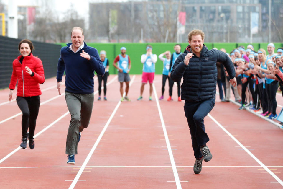 The trio take part in a royal relay race in 2017. (Getty Images) 