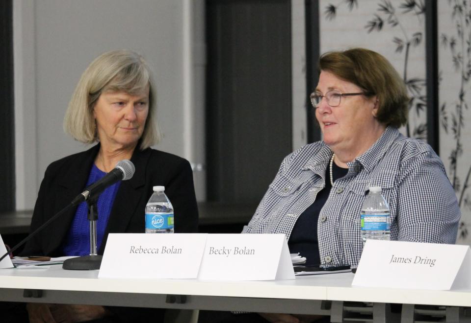 Newport School Committee candidates Louisa Boatwright, left, and Rebecca Bolan appear at a forum at Innovate Newport on Thursday, Sept. 29, 2022.