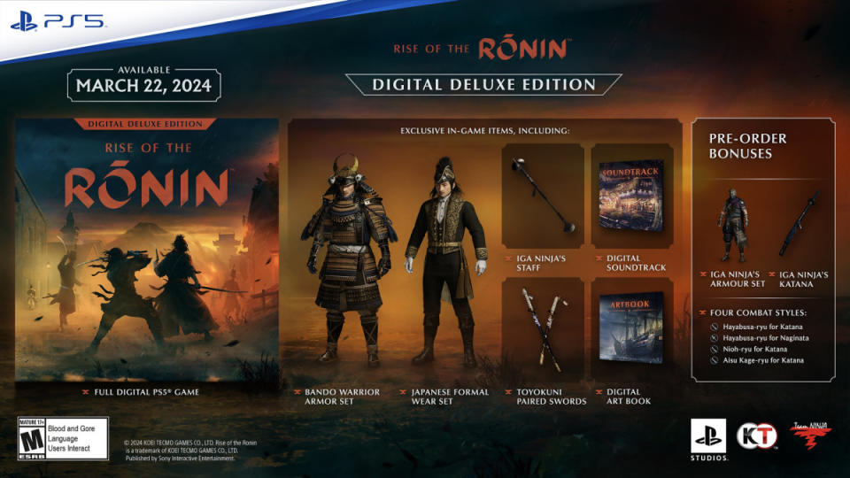 Rise of the Ronin Deluxe Edition includes many bonuses.<p>PlayStation/Team Ninja</p>