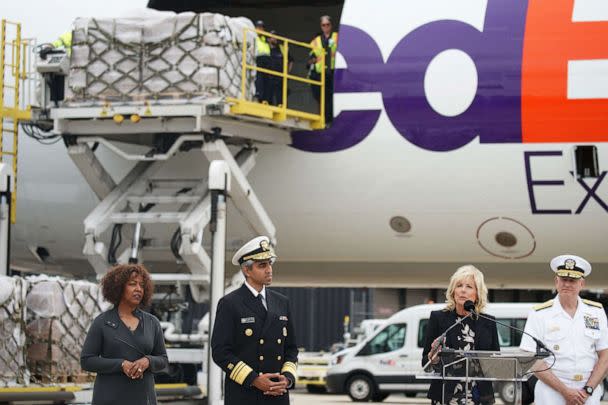 PHOTO: First Lady Jill Biden, joined by Surgeon General Vivek Murthy, delivers remarks after a shipment of infant formula, sent in through Operation Fly Formula, arrived at Dulles International Airport in Dulles, Va., May 25, 2022.  (Stefani Reynolds/AFP via Getty Images)