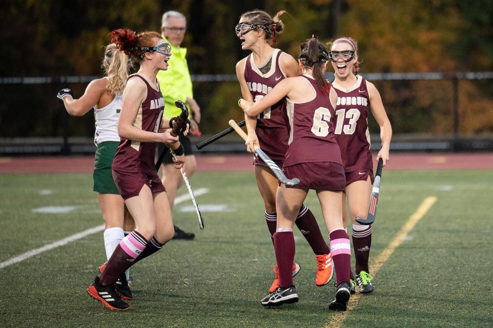 Algonquin celebrates after Lindsey Brown, center, scores a goal to give the Titans a 1-0 lead over Nashoba in a CMADA Class A quarterfinal in Bolton on Wednesday.