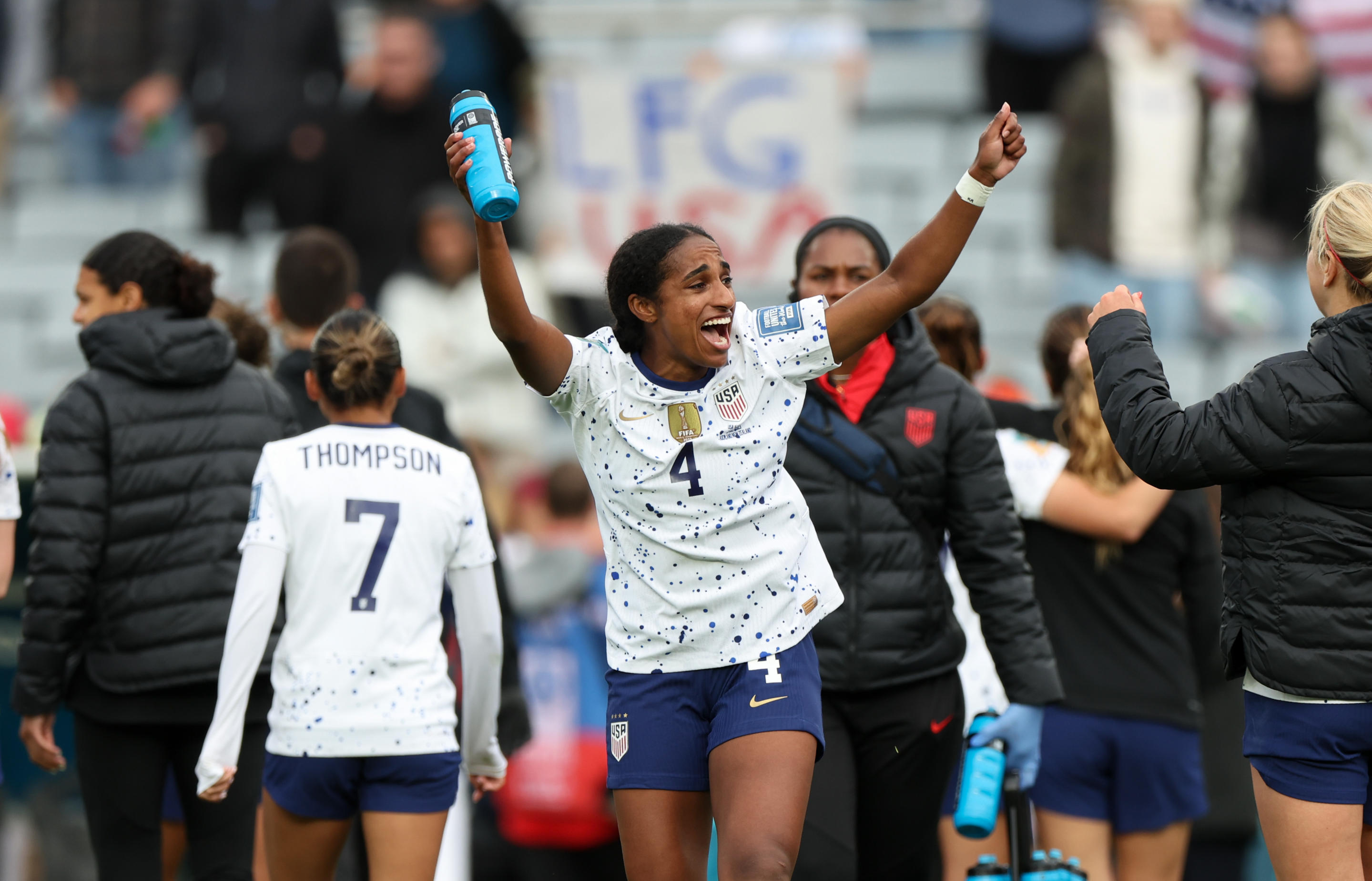 AUCKLAND, NEW ZEALAND - JULY 21: Naomi Girma #4 of USA celebrating during the FIFA Women's World Cup Australia & New Zealand 2023 Group E match between USA and Vietnam at Eden Park on July 22, 2023 in Auckland, New Zealand. (Photo by Lynne Cameron/ISI Photos/Getty Images)