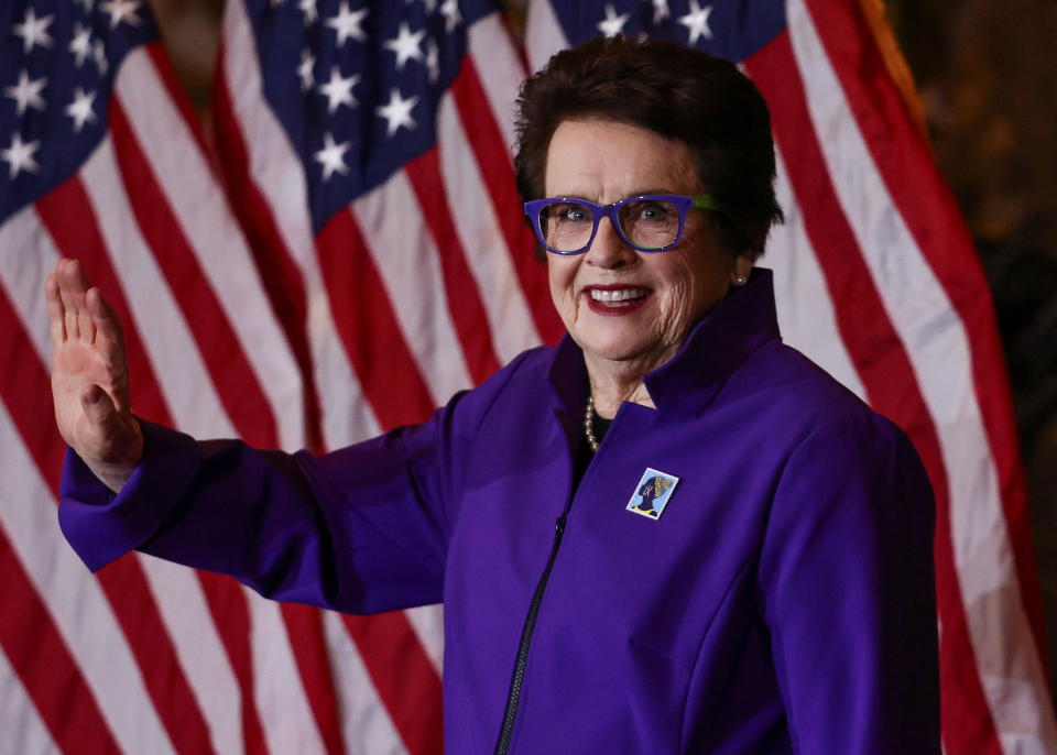 Tennis star and equal rights advocate Billie Jean King reacts as she is honored at the 50th anniversary of Title IX at the United States Capitol building in Washington, U.S., March 9, 2022. REUTERS/Evelyn Hockstein