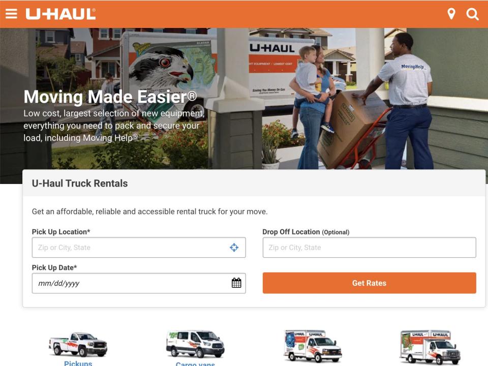 Screen Shot of U-Haul truck rental page