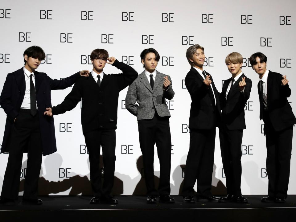 BTS photographed at a press conference in November 2020 (AP)