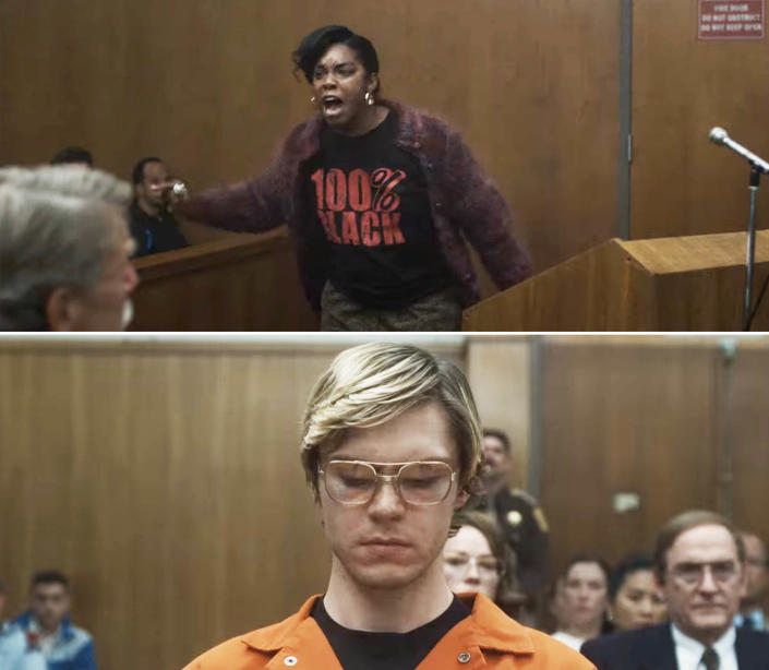A woman on the witness stand crying and yelling to the jury, while Jeffrey Dahmer looks down with no emotion