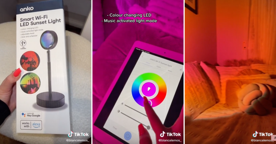 Stills from Tiktok video showing off Kmart&#39;s new sunset light, first in its packaging, then a finger hovering over the tablet control, then a room bathed in pink hues.