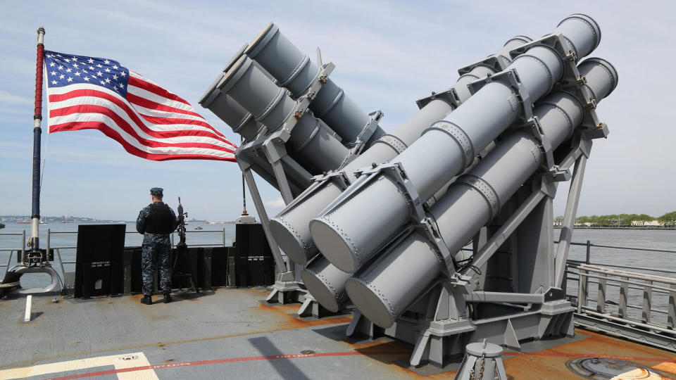 NEW YORK - MAY 28, 2017: Harpoon cruise missile launchers on the deck of US Navy Ticonderoga-class cruiser USS San Jacinto during Fleet Week 2017 in New York.