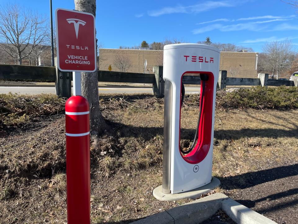 One Tesla vehicle charging station from a row of them at Lisbon Landing.