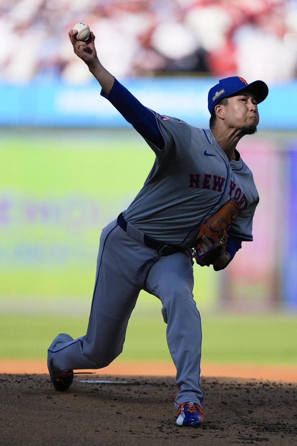 New York Mets' Kodai Senga pitches during the first inning of Game 1 of a baseball NL Division Series against the Philadelphia Phillies, Saturday, Oct. 5, 2024, in Philadelphia. (AP Photo/Chris Szagola)