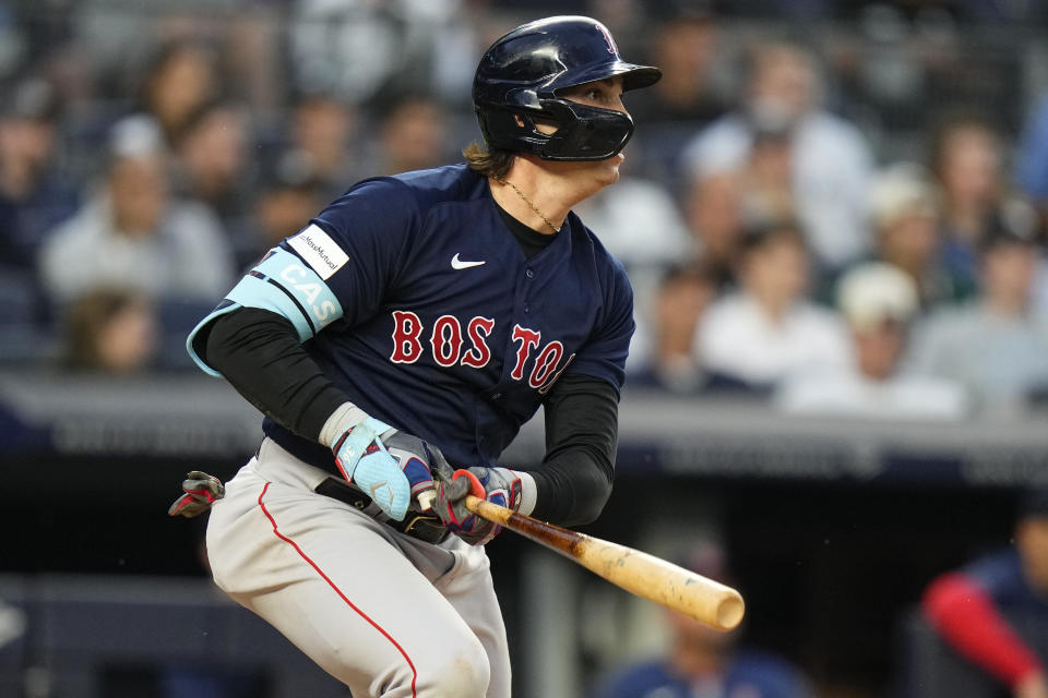 Boston Red Sox's Triston Casas watches his RBI single during the fourth inning of the team's baseball game against the New York Yankees on Friday, June 9, 2023, in New York. (AP Photo/Frank Franklin II)