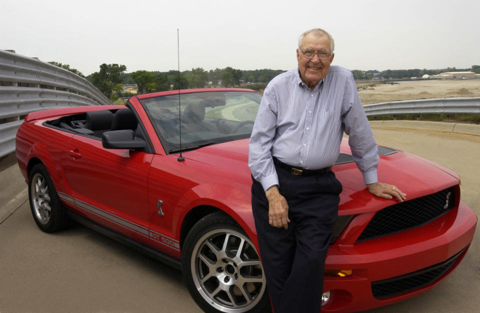 2007 Ford Shelby GT500: Carroll Shelby takes a break from test-driving a convertible version of the 2007 Ford Shelby GT500 at Ford's Dearborn Proving Ground. (9/29/05)