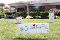 <p>Signs on the front lawn of Lauren Wadds Wyoming, Ohio home proclaim, “#Justice For Otto” as the town of Wyoming prepares for the funeral of Otto Warmbier June 21, 2017 in Wyoming, Ohio. (Photo: Bill Pugliano/Getty Images) </p>