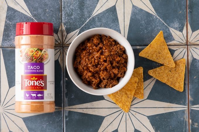 Tone’s Taco Seasoning Prepared In Bowl With Chips And Seasoning Packet