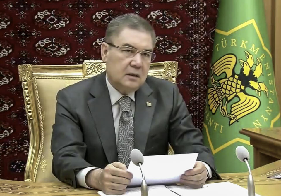 In this image made from UNTV video, Gurbanguly Berdimuhamedov, President of Turkmenistan, speaks in a pre-recorded message which was played during the 75th session of the United Nations General Assembly, Tuesday, Sept. 22, 2020, at U.N. headquarters in New York. The U.N.'s first virtual meeting of world leaders started Tuesday with pre-recorded speeches from some of the planet's biggest powers, kept at home by the coronavirus pandemic that will likely be a dominant theme at their video gathering this year. (UNTV via AP)