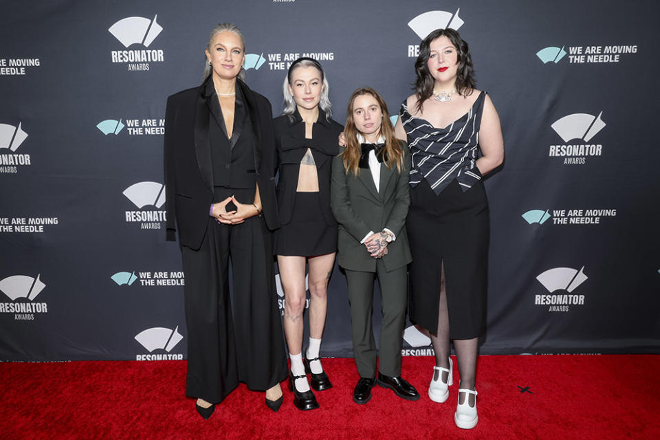 Catherine Marks with Phoebe Bridgers, Julien Baker and Lucy Dacus of boygenius at the Resonator Awards held at Beauty and Essex on January 30, 2024 in Los Angeles, California.