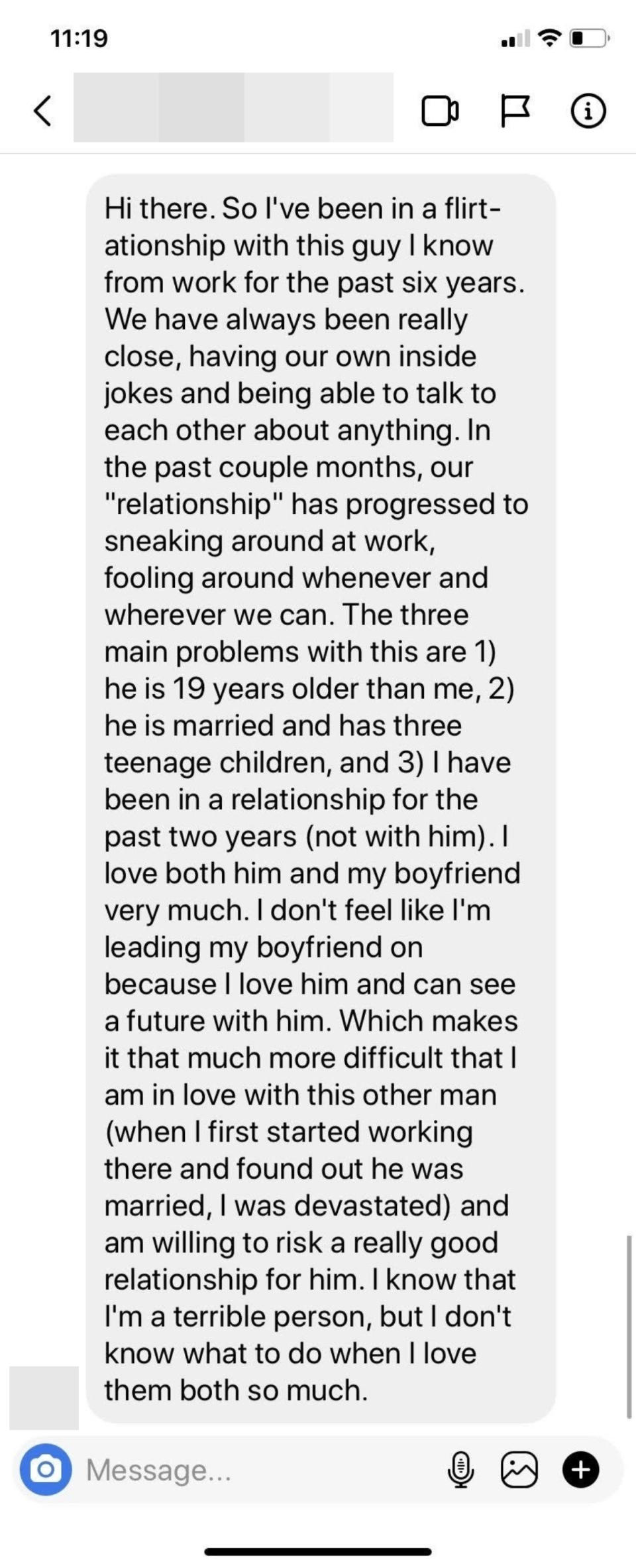 Woman describes how a flirty work relationship has become an affair, and she's in love with the guy, who is married with kids and 19 years older than she is, but is in a relationship herself