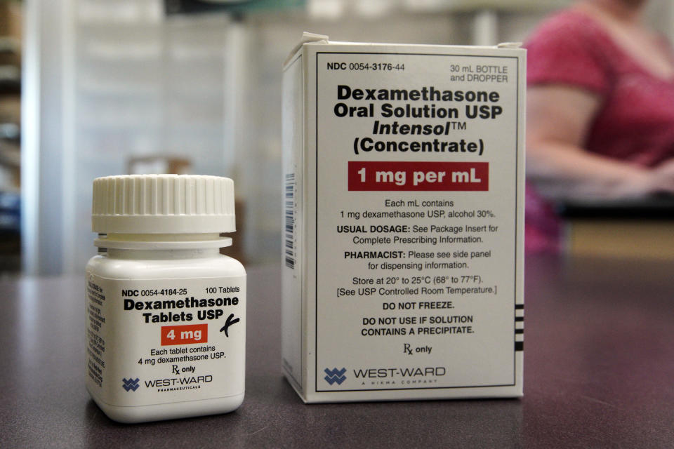 Packages of Dexamethasone are displayed in a pharmacy, Tuesday, June 16, 2020, in Omaha, Neb. Researchers in England said Tuesday they have the first evidence that the drug can improve COVID-19 survival. The cheap, widely available steroid called dexamethasone reduced deaths by up to one third in severely ill hospitalized patients. (AP Photo/Nati Harnik)