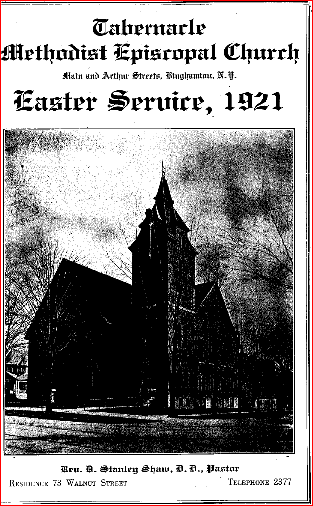 The program for Binghamton's Tabernacle United Methodist Church Easter Service in 1921.