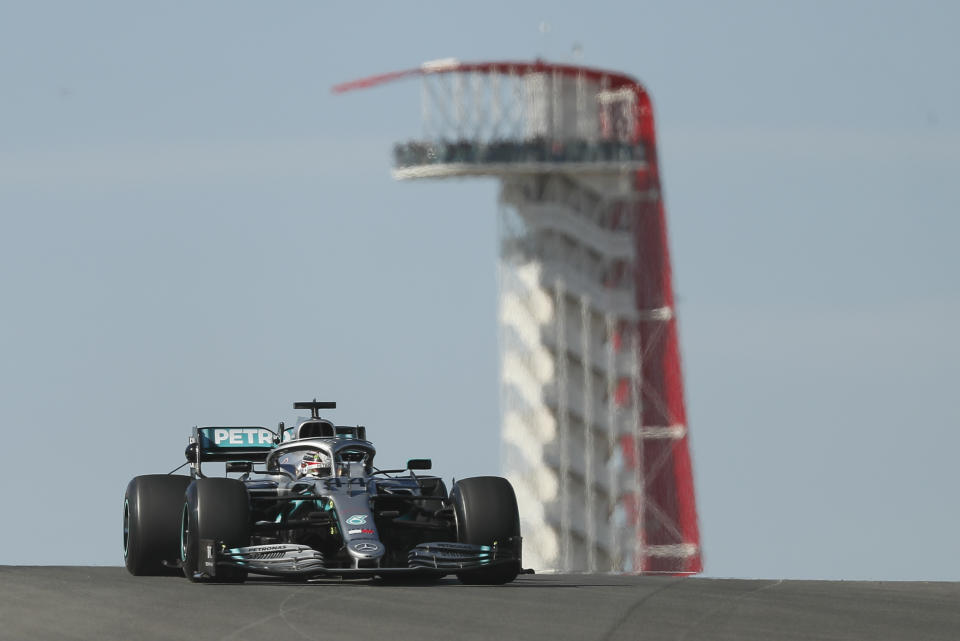 Mercedes driver Lewis Hamilton, of Britain, steers his car during the first practice session for the Formula One U.S. Grand Prix auto race at the Circuit of the Americas, Friday, Nov. 1, 2019, in Austin, Texas. (AP Photo/Eric Gay)